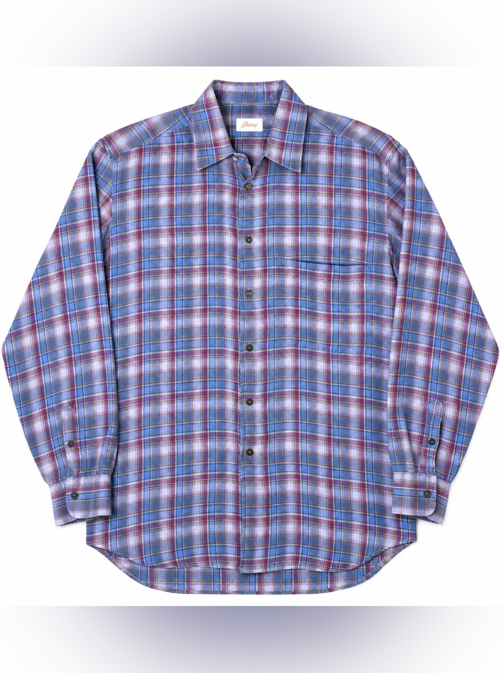 Brioni 100% Linen Purple Blue Plaid Long-Sleeve Button-Up Shirt Sz Medium Italy